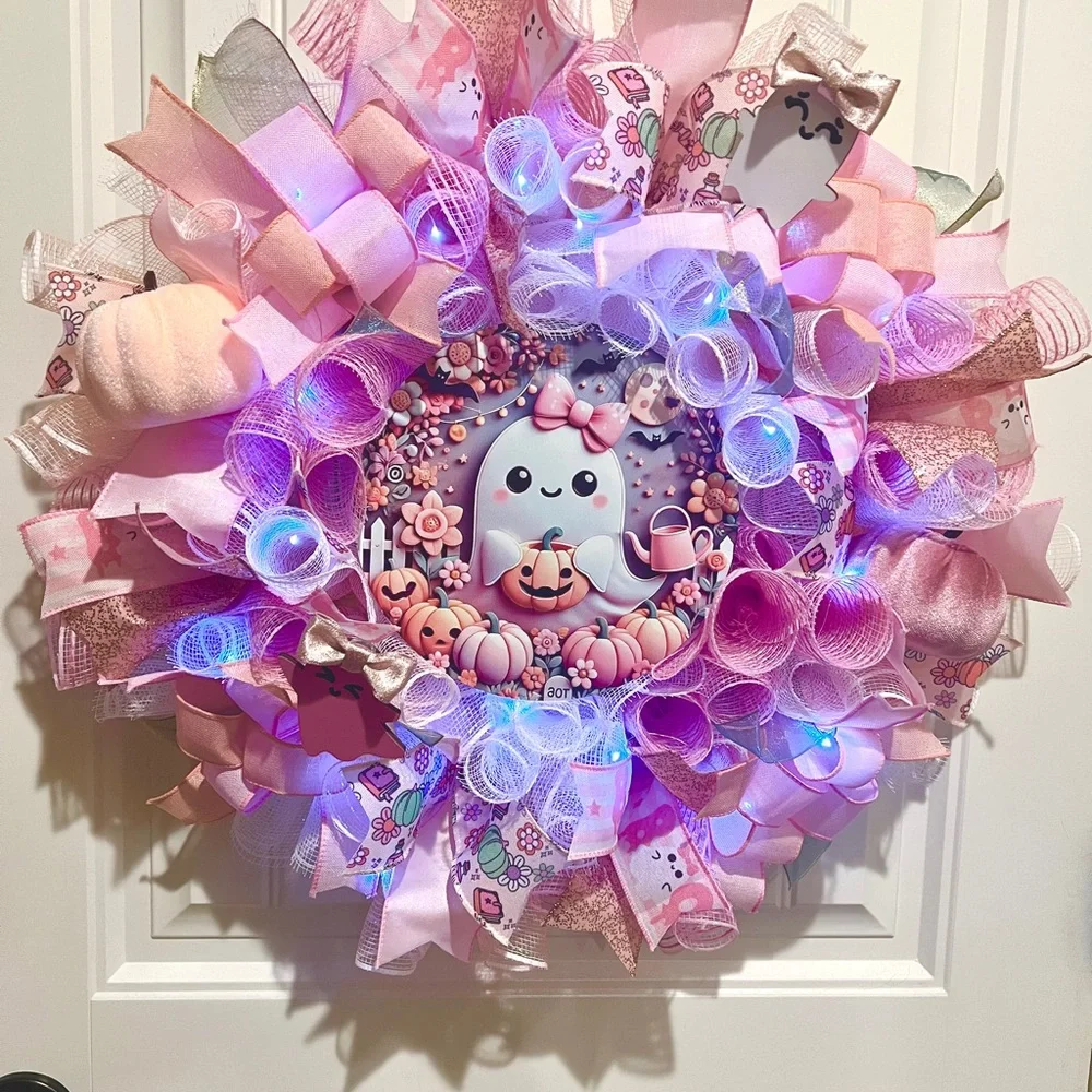 Back in Stock! Handmade 22” Pink Halloween Wreath Ghost Pumpkins LED Lights W17
